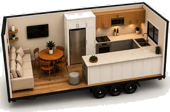 Luxury portable kitchen and dining pod during home renovation